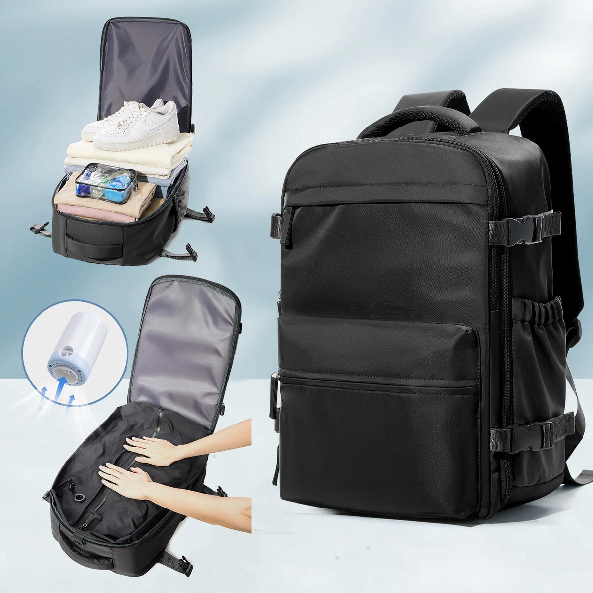 A black expandable vacuum compression travel backpack shown with accessories and a demonstration of its compression feature.
