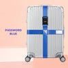 Silver rolling suitcase with blue cross straps and a black lock visible on the front.