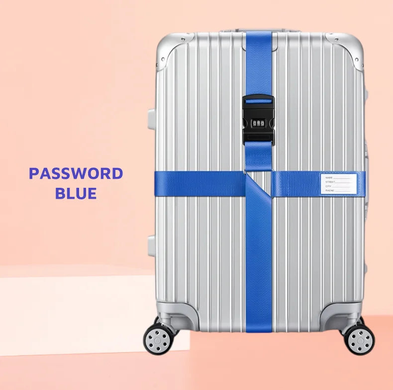 Silver rolling suitcase with blue cross straps and a black lock visible on the front.