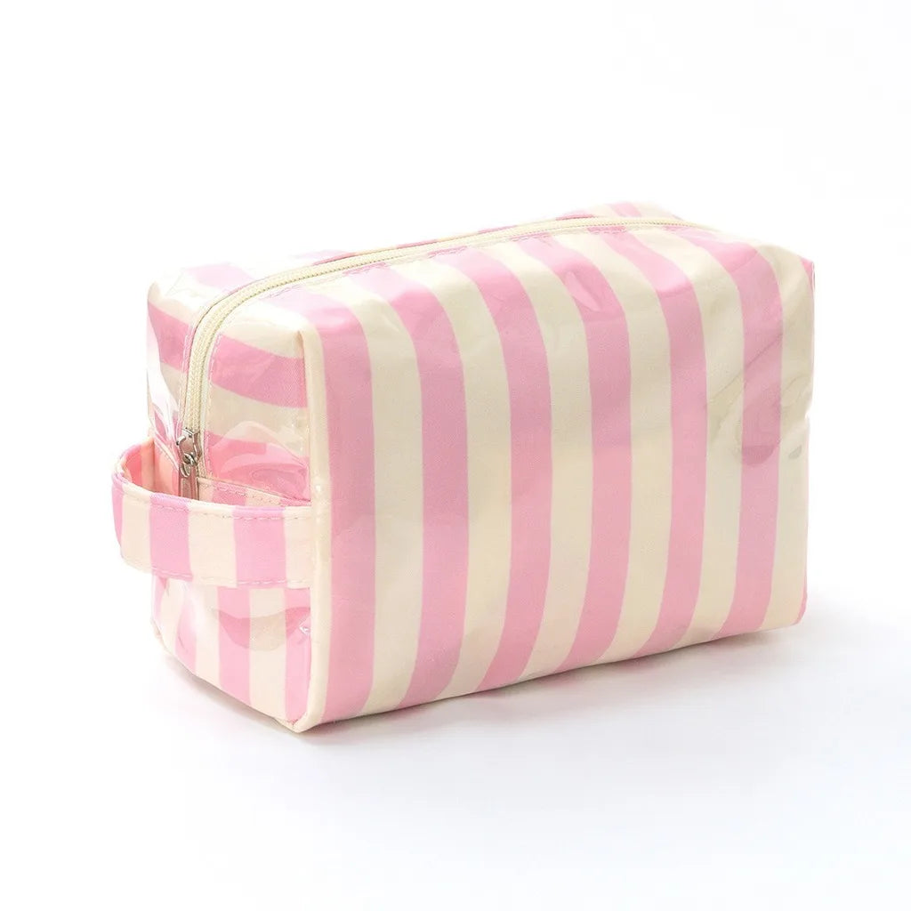 A pink and cream striped waterproof cosmetic bag with a zipper is shown against a white background.