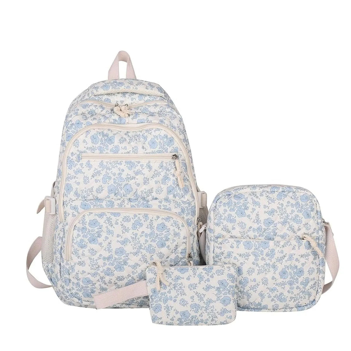 Light blue floral quilted backpack set for girls including a main backpack and a pouch