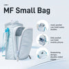 A light gray MF Small Bag is shown with details of its main pocket, side pocket, and drawstring design.