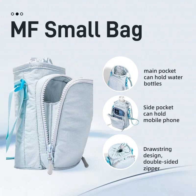 A light gray MF Small Bag is shown with details of its main pocket, side pocket, and drawstring design.