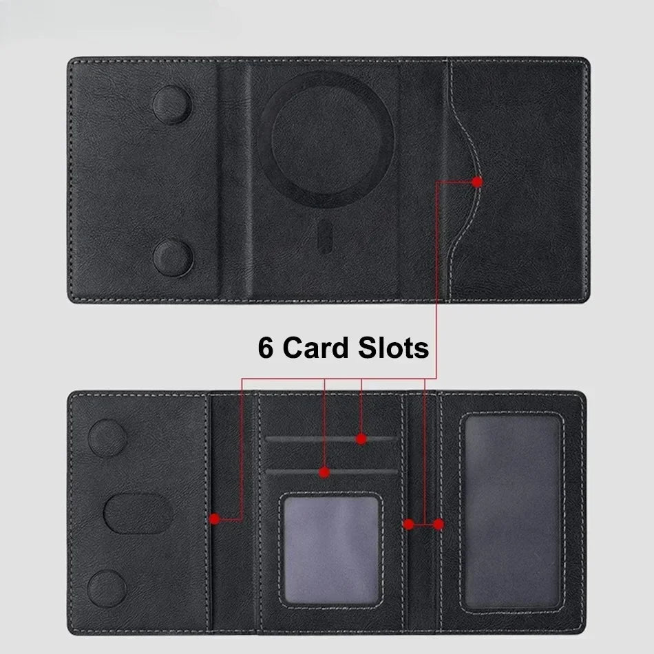 A black magnetic leather card wallet for iPhone showing various slots and features.