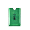 A green anti-RFID blocking card holder is shown against a white background.