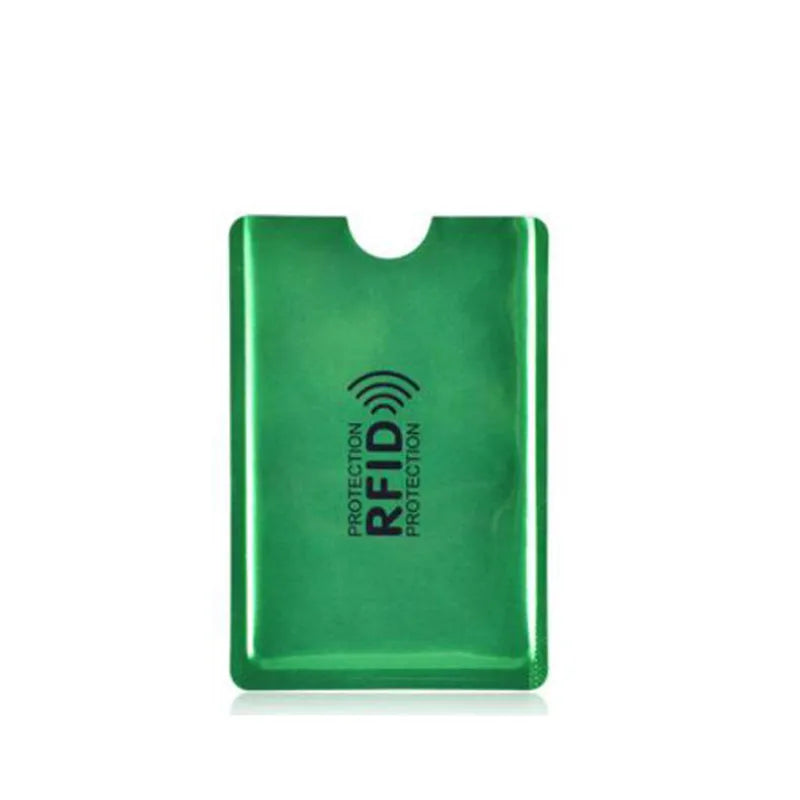 A green anti-RFID blocking card holder is shown against a white background.