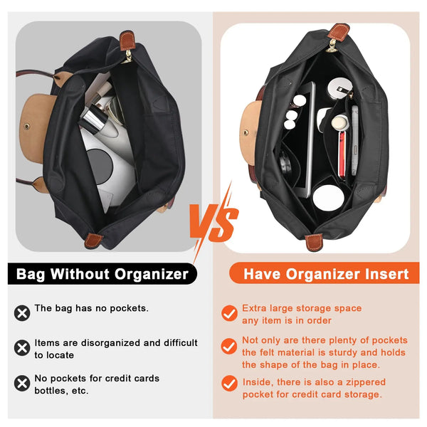 Vergleich: Tasche ohne Organizer vs. Tasche mit Filz-Organizer-Insert