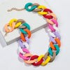 A colorful matte acrylic choker necklace featuring interlocking links in shades of yellow, pink, orange, green, and gray.