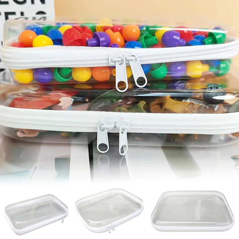 Transparent storage pouches filled with colorful plastic beads and various small items.