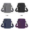 Four color variations of a lightweight nylon crossbody shoulder bag shown in gray, black, navy blue, and purple.