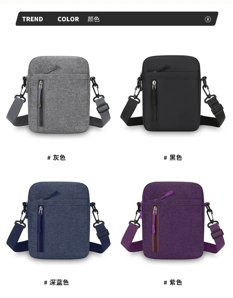 Four color variations of a lightweight nylon crossbody shoulder bag shown in gray, black, navy blue, and purple.