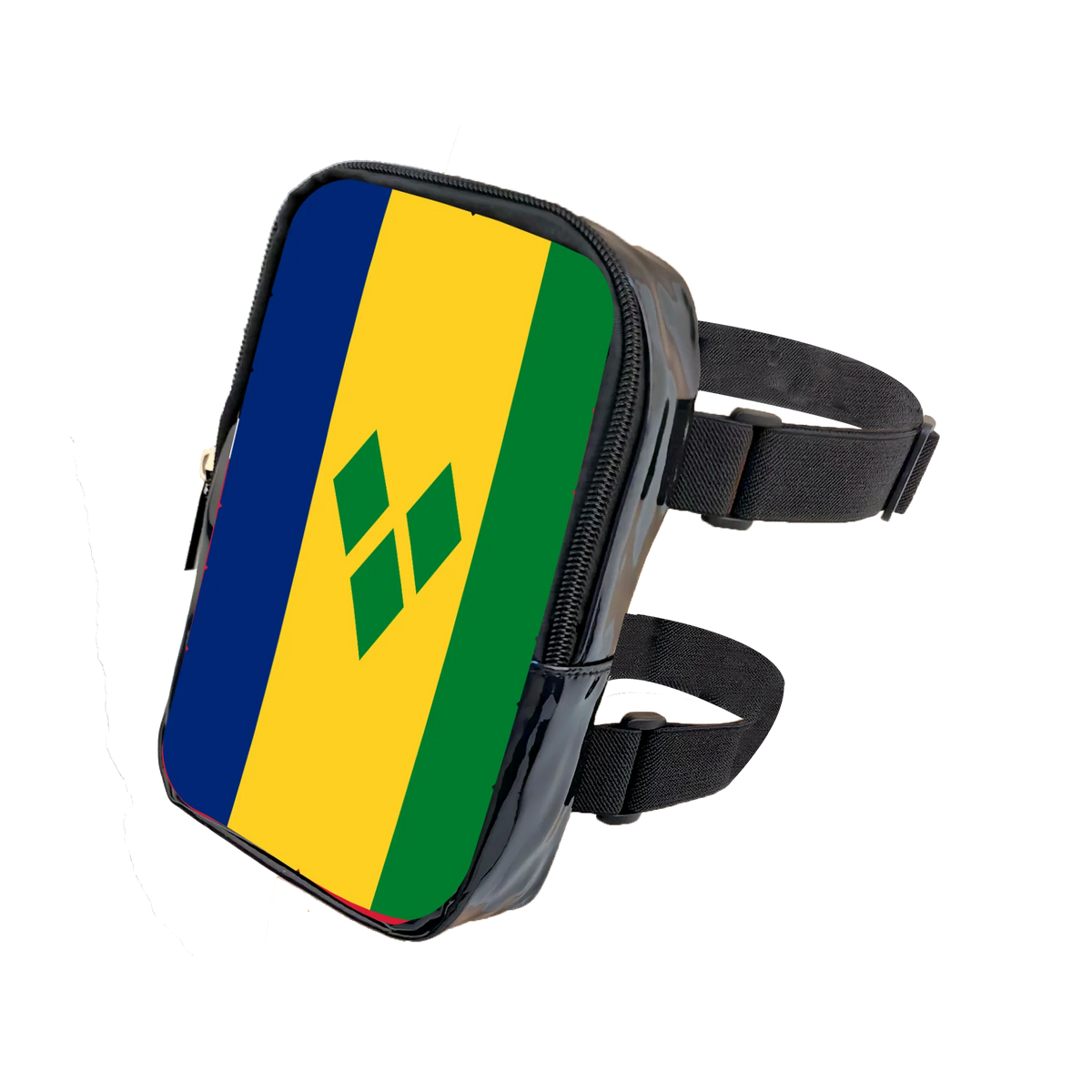A black adjustable PU waist pouch featuring vertical stripes of blue, yellow, and green with a green diamond design.