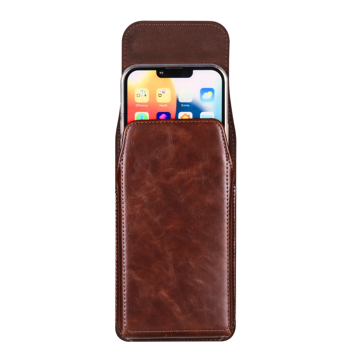 Braunes Leder-Handy-Etui und Gürteltasche mit Smartphone-Display