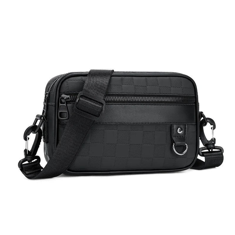 Black men's PU leather crossbody bag with an adjustable strap shown from the front.