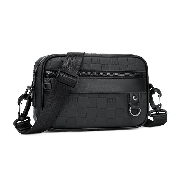 Black men's PU leather crossbody bag with an adjustable strap shown from the front.