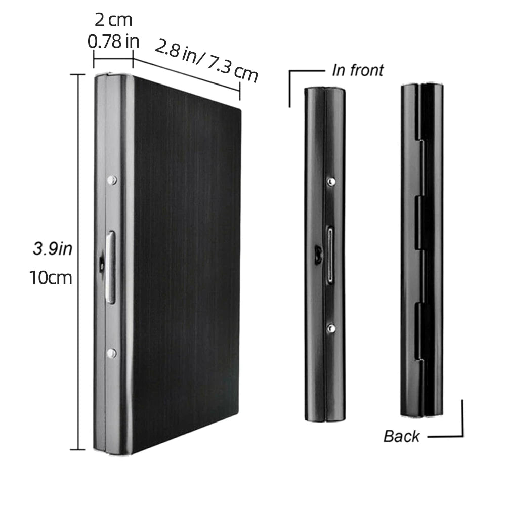 A slim black card holder wallet shown from the front and back views.