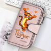 A pink women's long zipper handbag featuring an orange tiger graphic and the text Forever