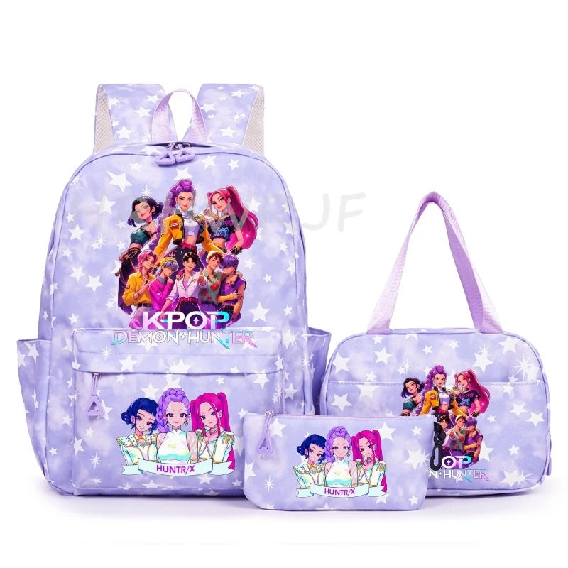 A purple backpack set featuring characters from K-Pop Demon Hunter and OP Hunter