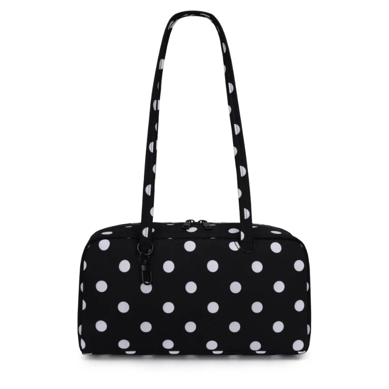 Black nylon shoulder tote bag with white polka dots