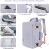 A purple multi-compartment laptop backpack showing various pockets and storage features.