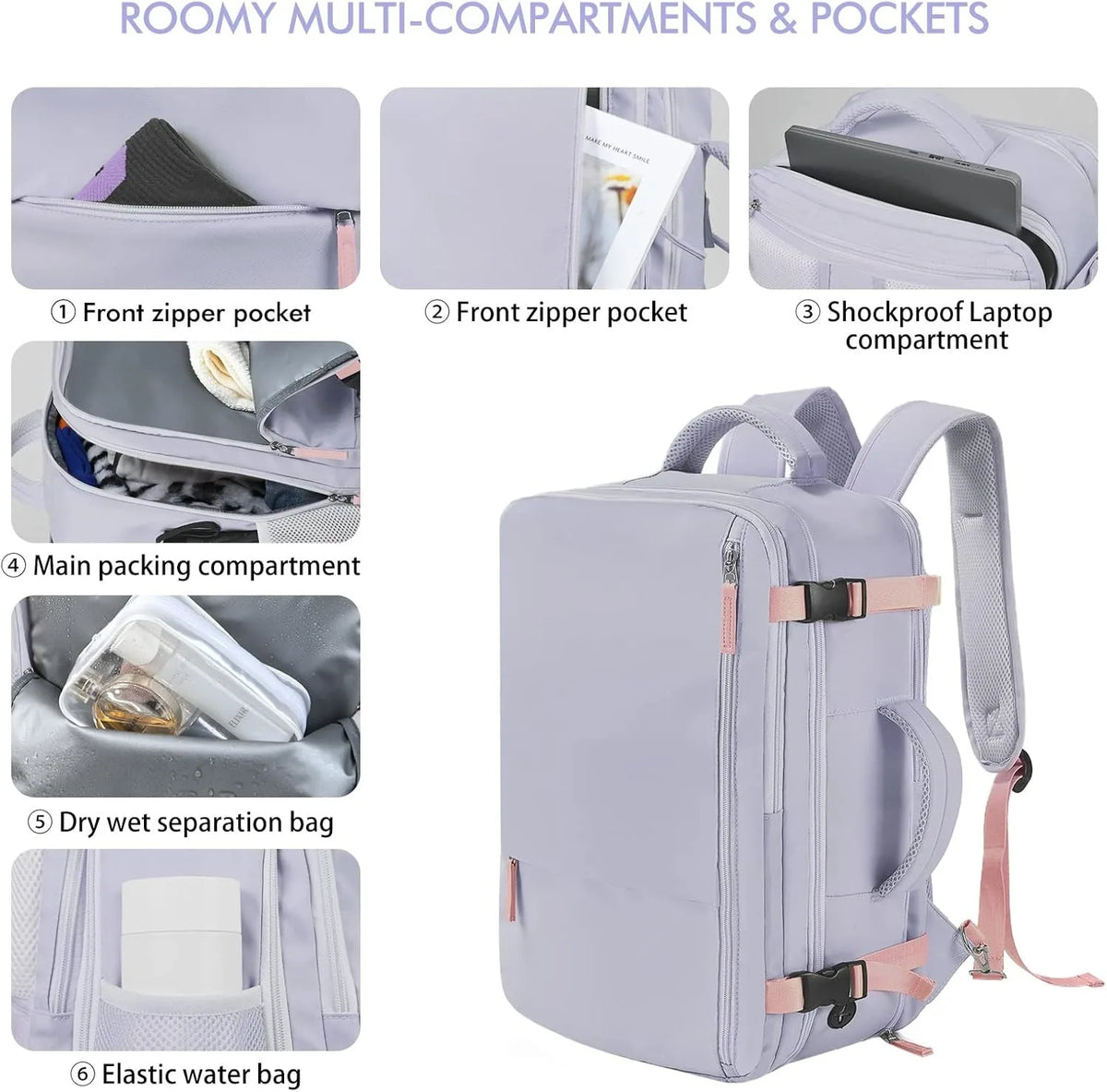 A purple multi-compartment laptop backpack showing various pockets and storage features.