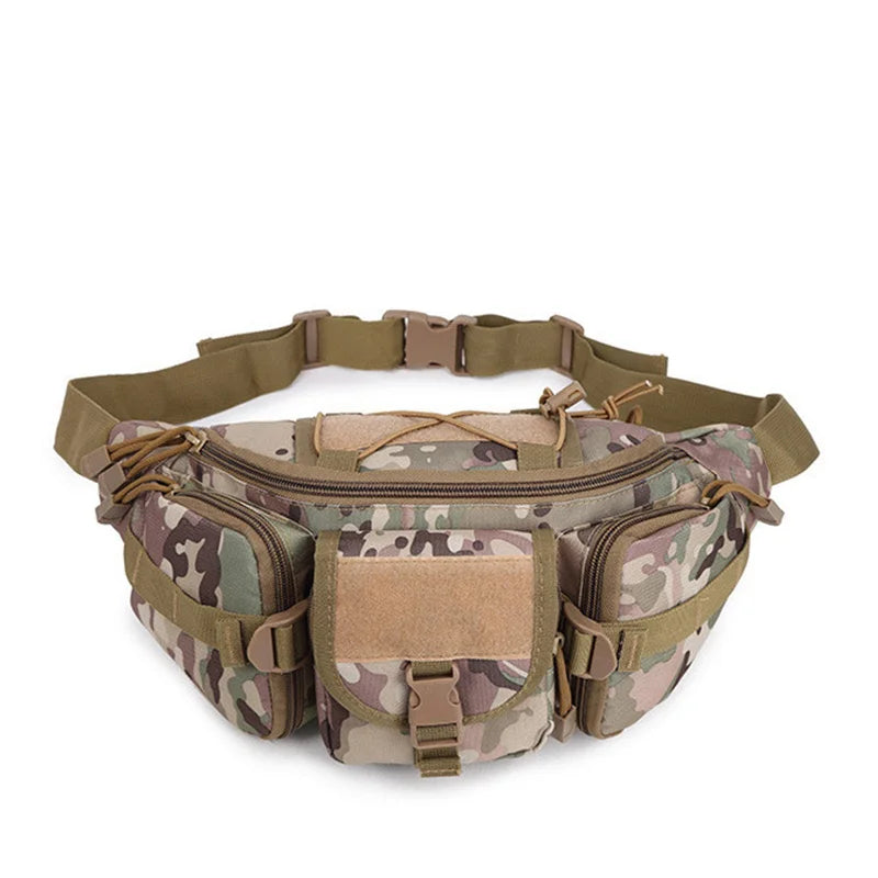 A tan and green camouflage tactical waist pack or belt bag designed for outdoor use.