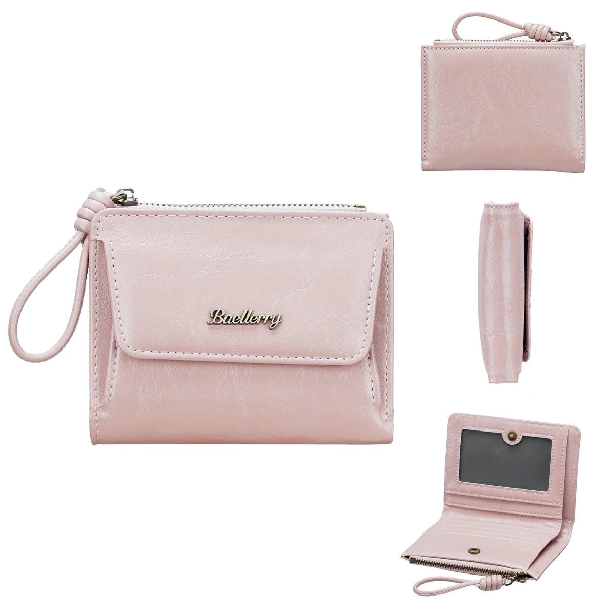 A light pink PU leather mini wallet with a flap and pendant shown in various forms.