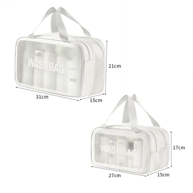 Clear plastic wash bag with handles and measurement markings for sports and travel