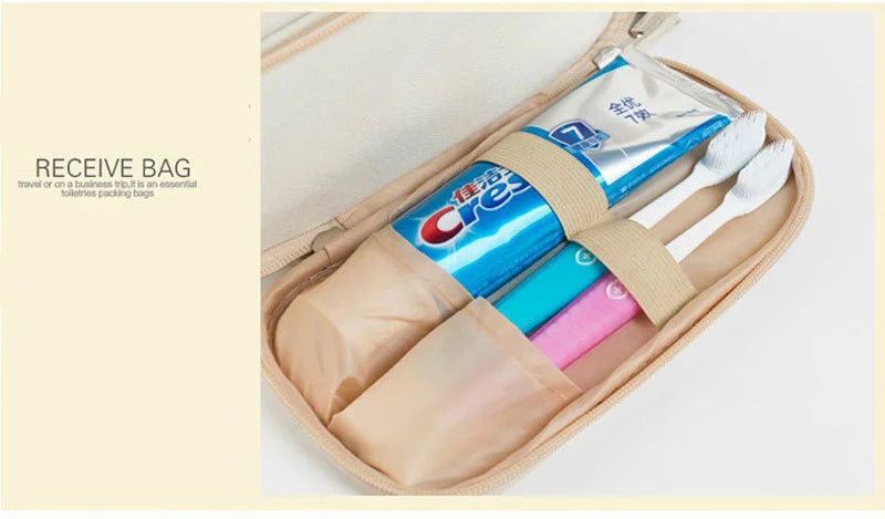 A beige travel bag is shown open, containing various toiletries and a blue cream tube.