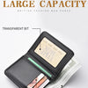 A black slim bi-fold wallet displaying a transparent bit and location of banknotes.