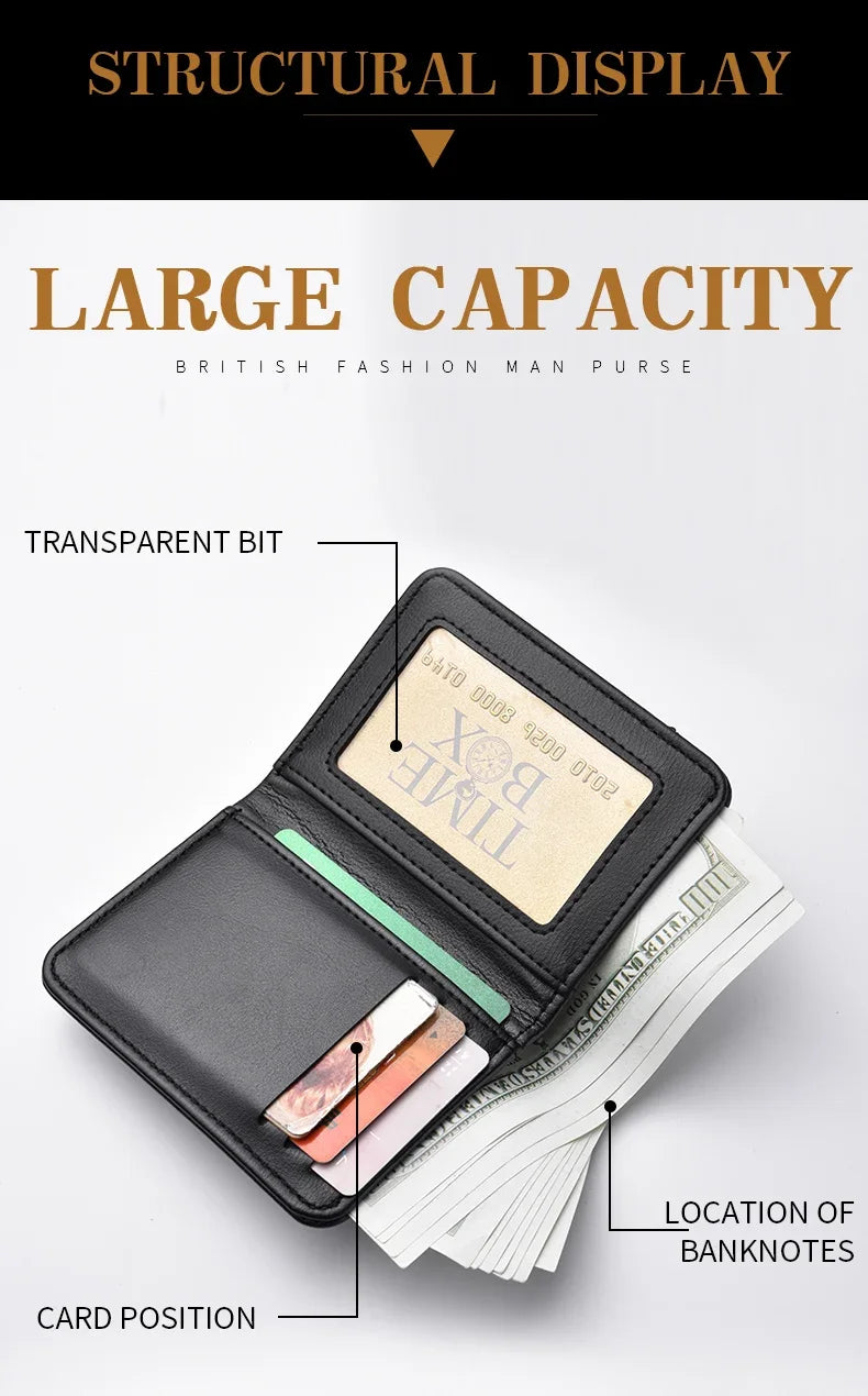 A black slim bi-fold wallet displaying a transparent bit and location of banknotes.