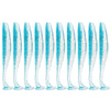 A row of twelve clear blue and white adjustable soft lure fishing tackle pieces.