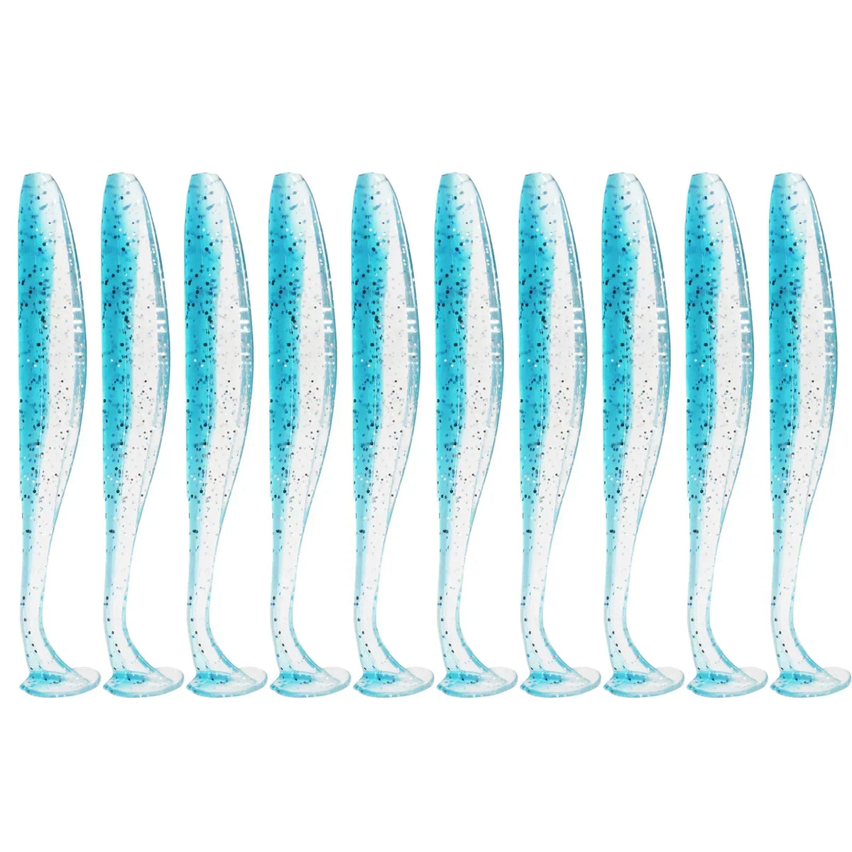 A row of twelve clear blue and white adjustable soft lure fishing tackle pieces.