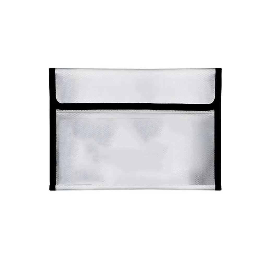 A black fireproof and waterproof document bag with signal blocking features.
