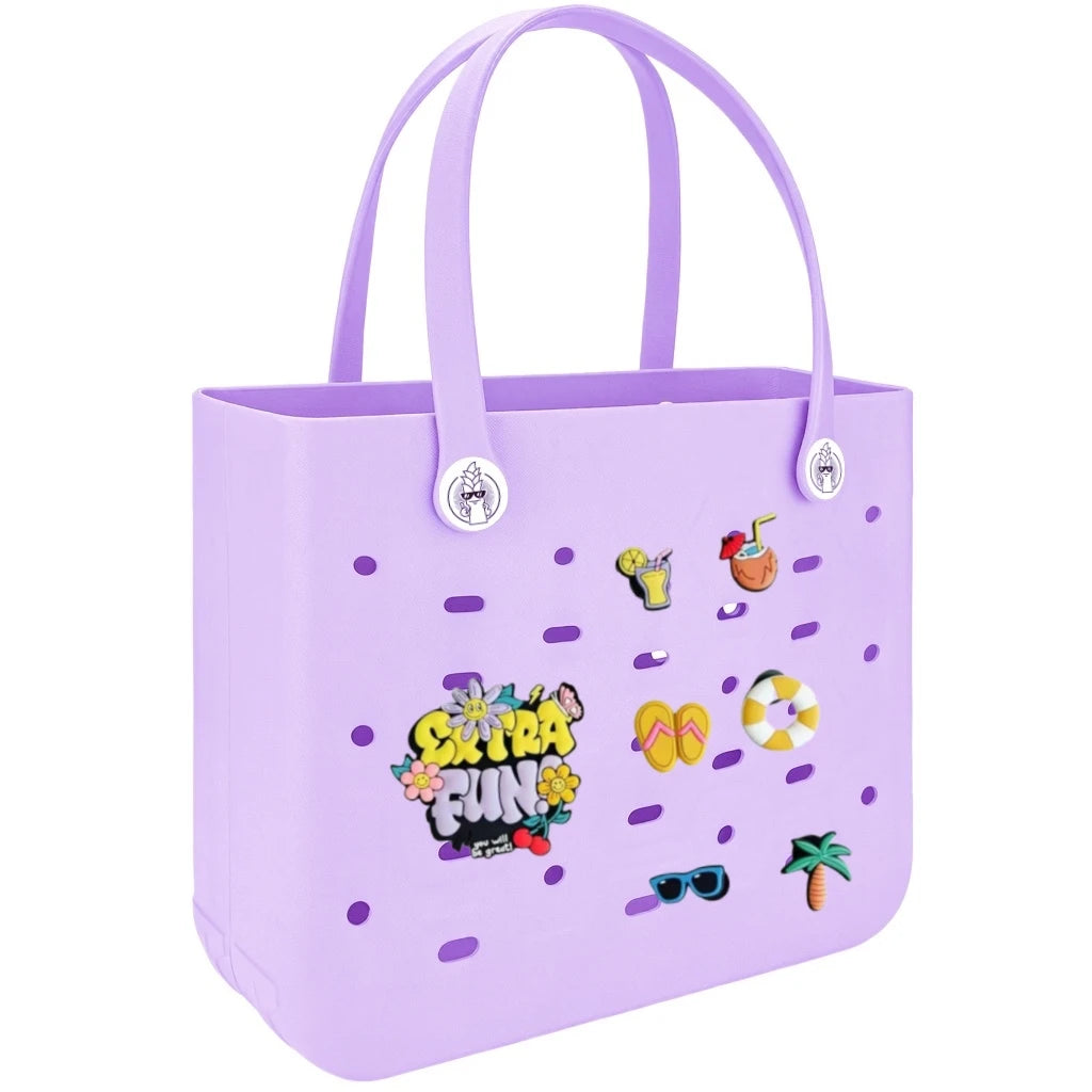 Sac de plage étanche en caoutchouc EVA violet avec petites décorations colorées et poignées.