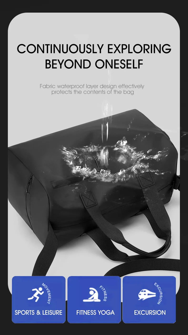 A black waterproof travel duffle bag is shown with its interior lining visible, positioned against a light gray background.