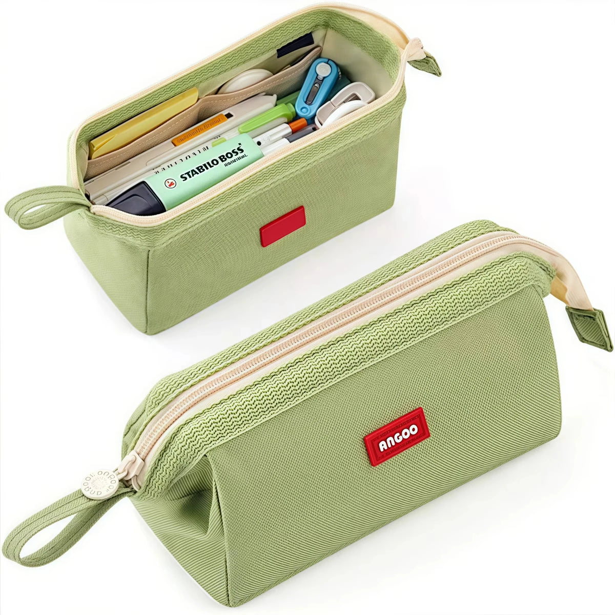 A light green pencil case with a zipper and label holder is shown open, displaying various pens and pencils.