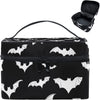 Bolsa organizadora de maquillaje portátil negra con estampado de murciélago.
