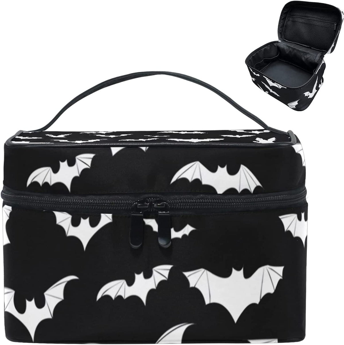 Bolsa organizadora de maquillaje portátil negra con estampado de murciélago.