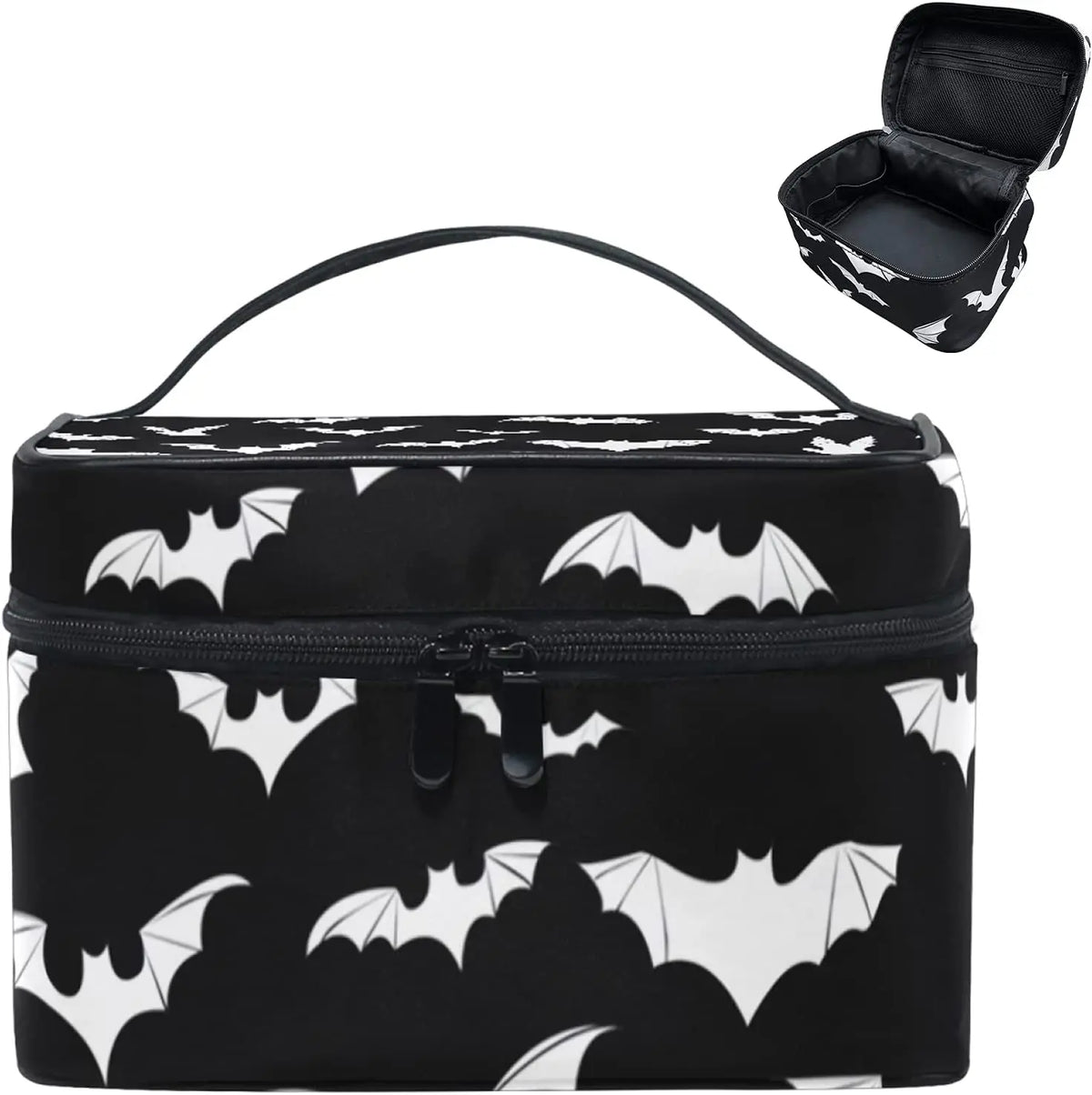 Bolsa organizadora de maquillaje portátil negra con estampado de murciélago y tapa abierta.