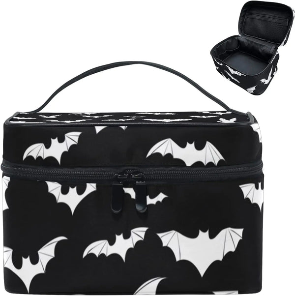 Black portable travel makeup organizer bag with a bat print design and an open lid.