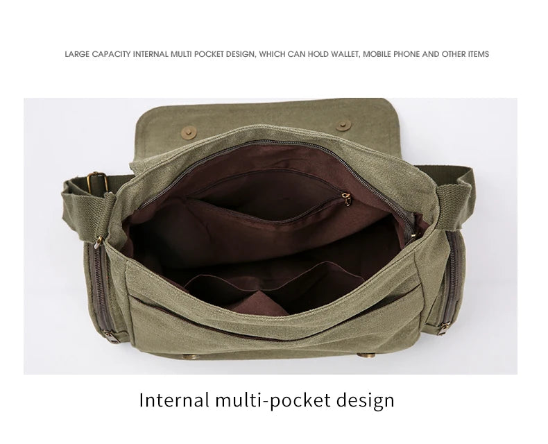 Gros plan d'un design vert olive à multiples poches dans un sac à bandoulière.
