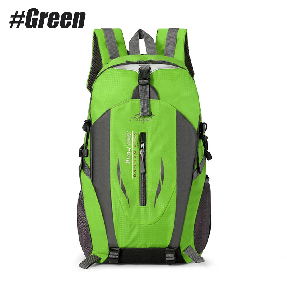 A bright green waterproof hiking backpack with black accents and gray straps.