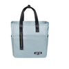 Light blue insulated lunch bag with black straps and zipper closure