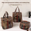 High-end transparent toiletry and makeup bag with striped accents shown next to a toilet.