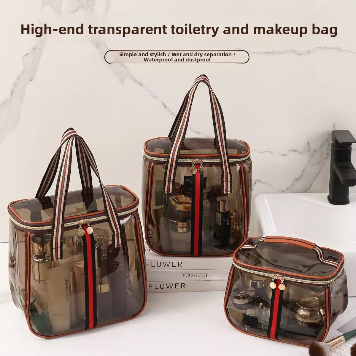 High-end transparent toiletry and makeup bag with striped accents shown next to a toilet.