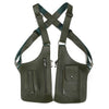 Olive green vintage tactical chest bag with multiple pockets and crossed straps