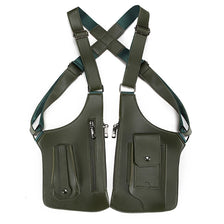 Olive green vintage tactical chest bag with multiple pockets and crossed straps