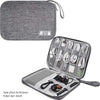 A gray portable digital organizer storage pouch with multiple compartments and accessories.