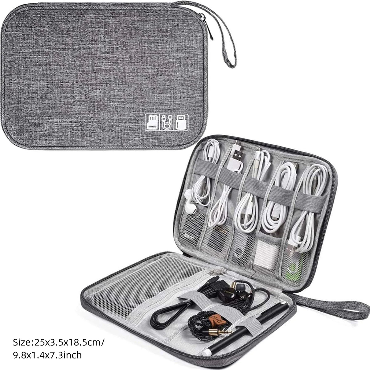 A gray portable digital organizer storage pouch with multiple compartments and accessories.